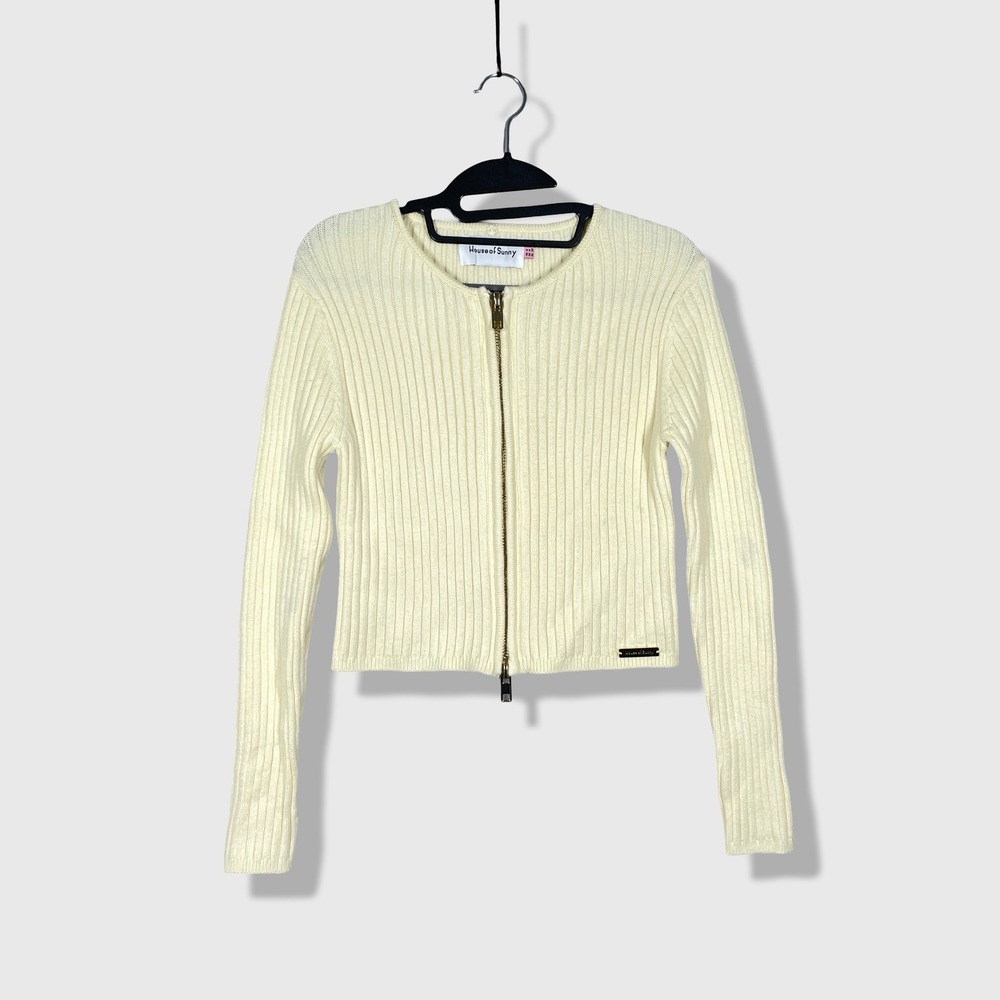 House of Sunny Ribbed Zip Up Cardigan Women US 4 Cream Minimalist Clean Girl